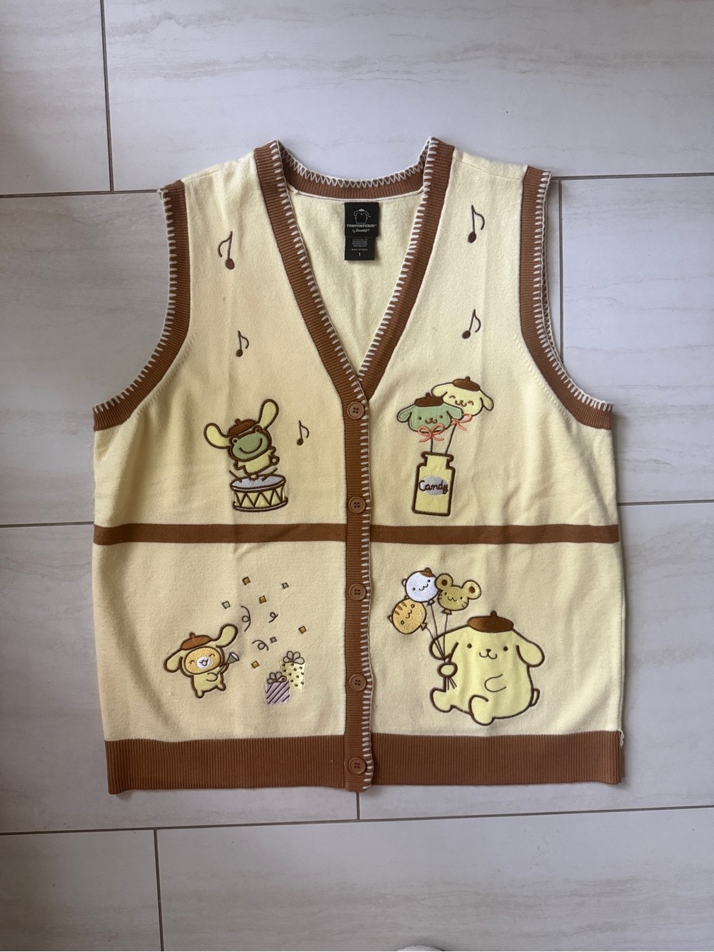 Pompompurin Yellow Sleeveless Knit Cardigan Vest with Brown Trim 1X